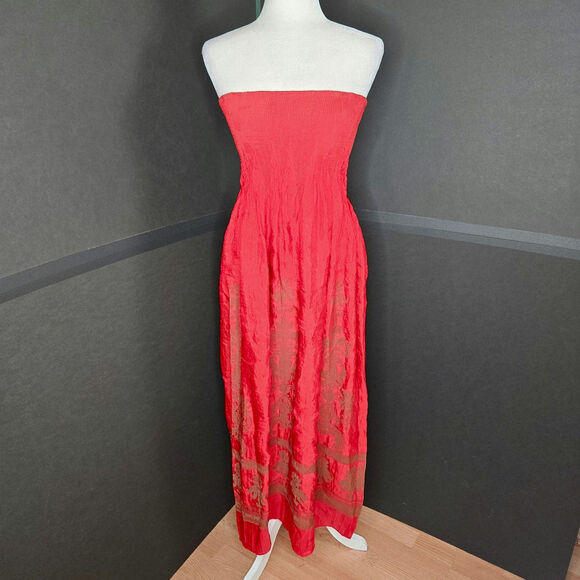 Lapis Anthropologie EUC Tube Dress Damask Pattern Maxi gown Strapless OS red - Picture 1 of 17
